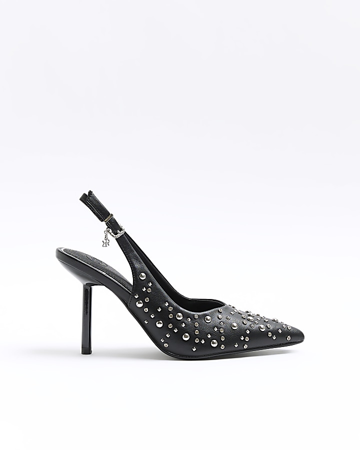 Black studded heeled sling back court shoes