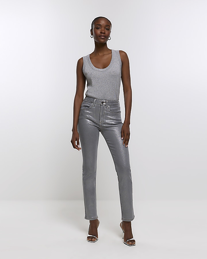 Silver straight coated jeans River Island