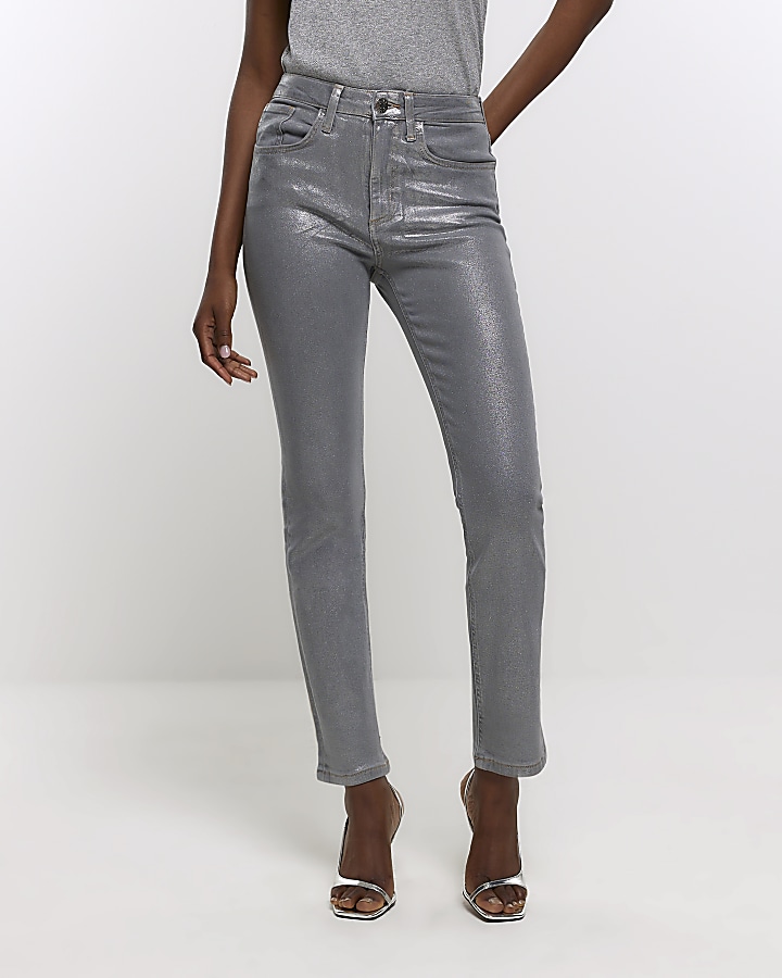 Silver straight coated jeans River Island