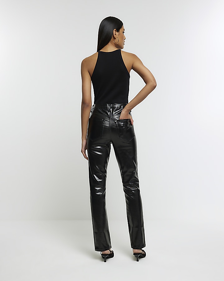 Black high waisted slim straight coated jeans