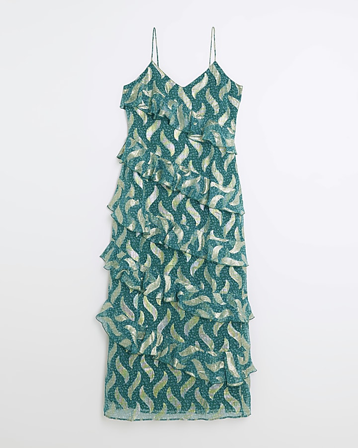 Green metallic print frill maxi dress