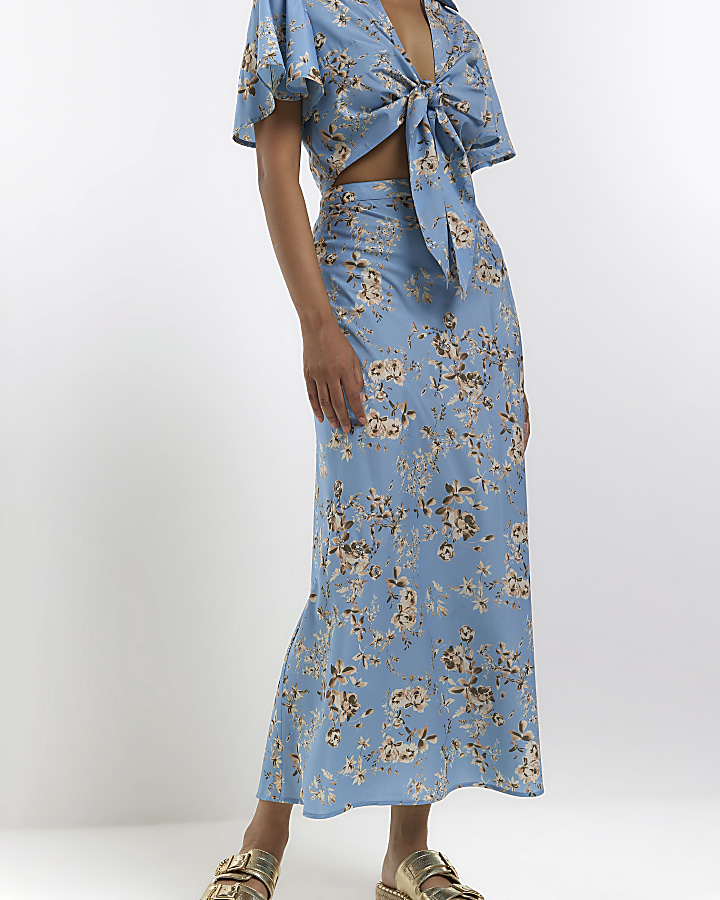 Blue floral midi skirt