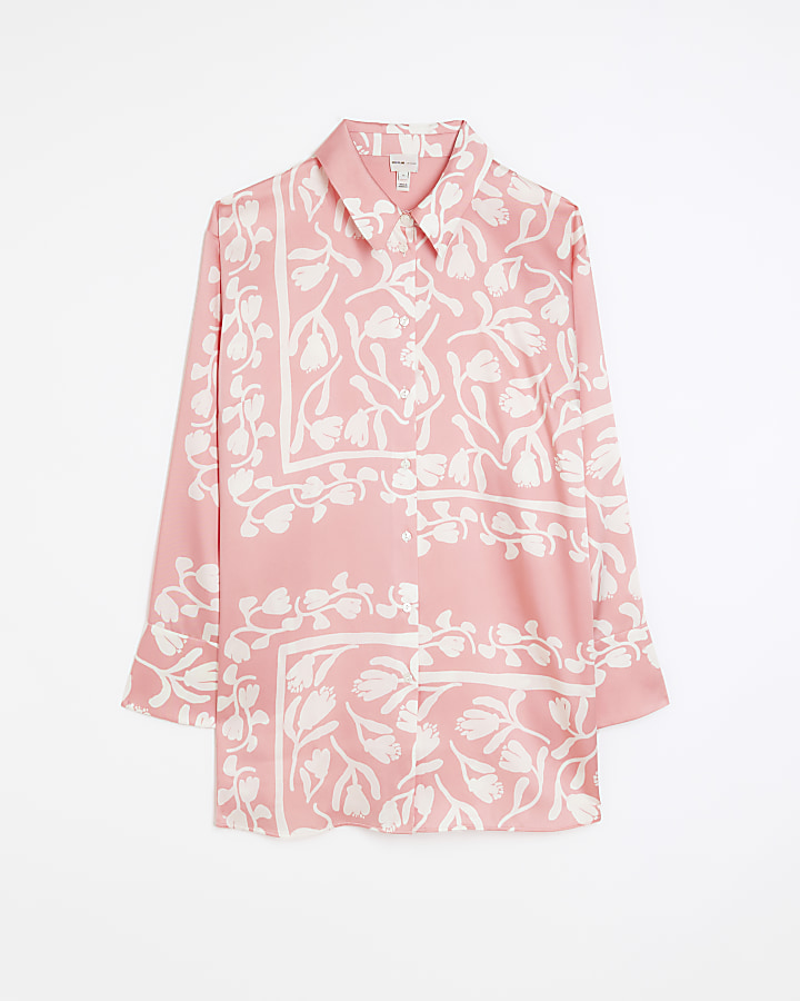 Plus coral satin floral oversized shirt