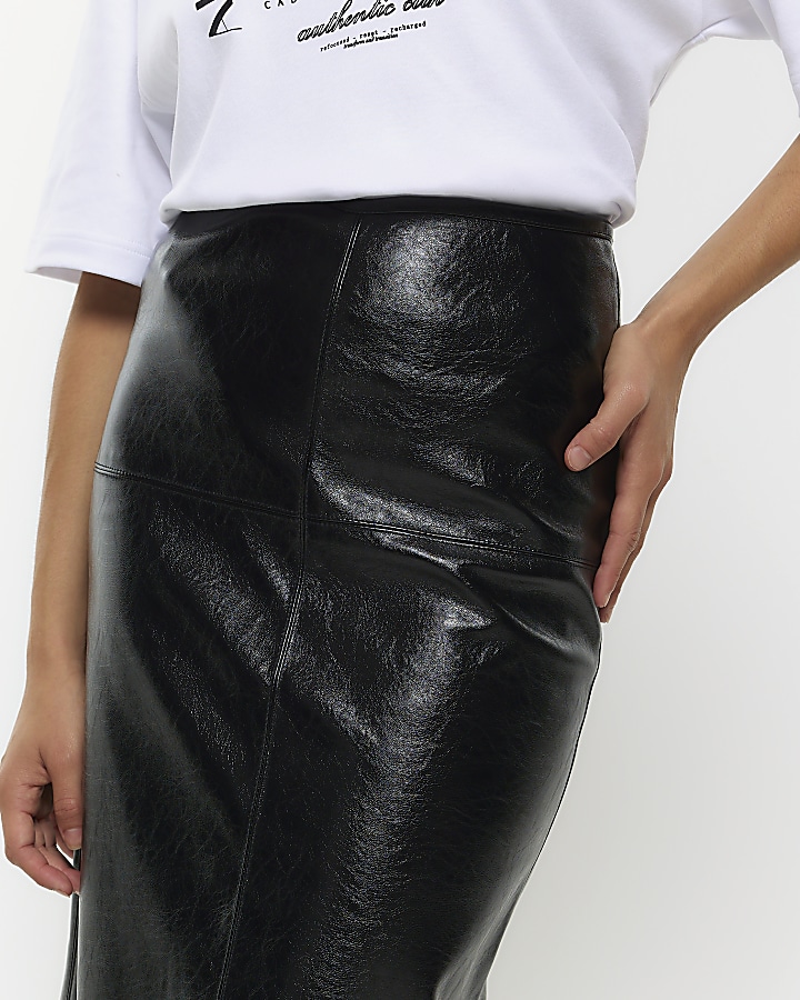 Black faux leather seamed midi skirt | River Island