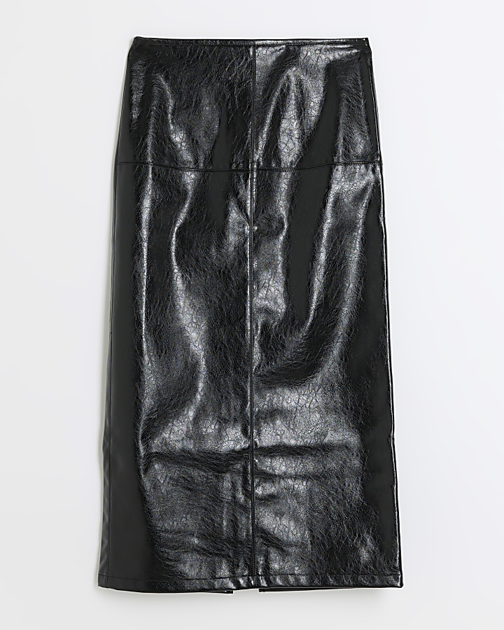 Black faux leather seamed midi skirt | River Island
