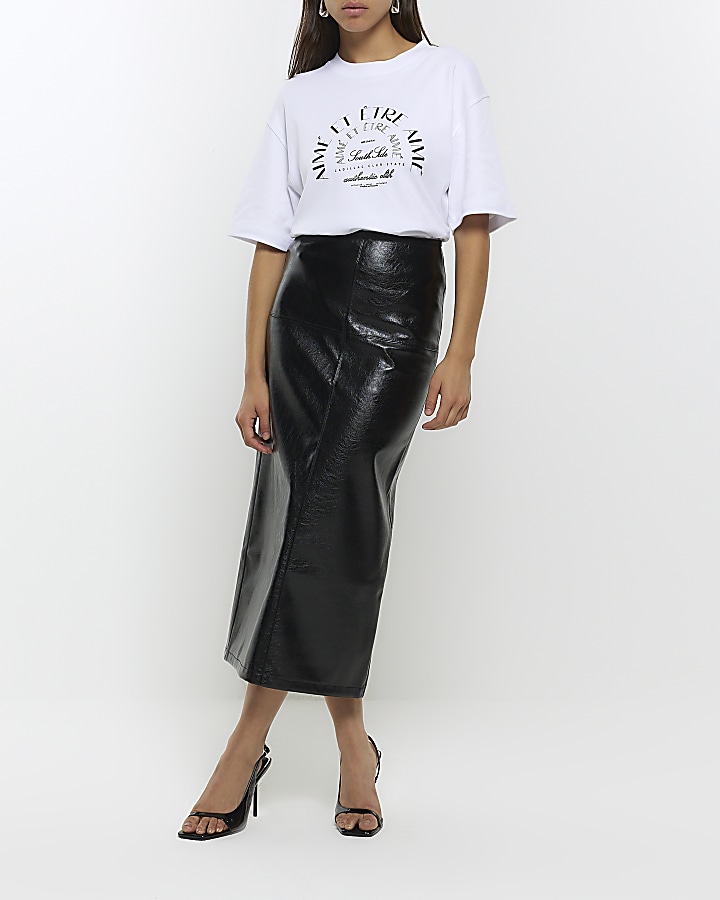 Black faux leather seamed midi skirt