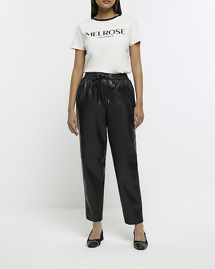 Black faux leather seam detail trousers