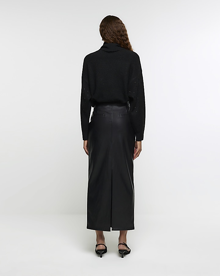Black faux leather tailored midi skirt
