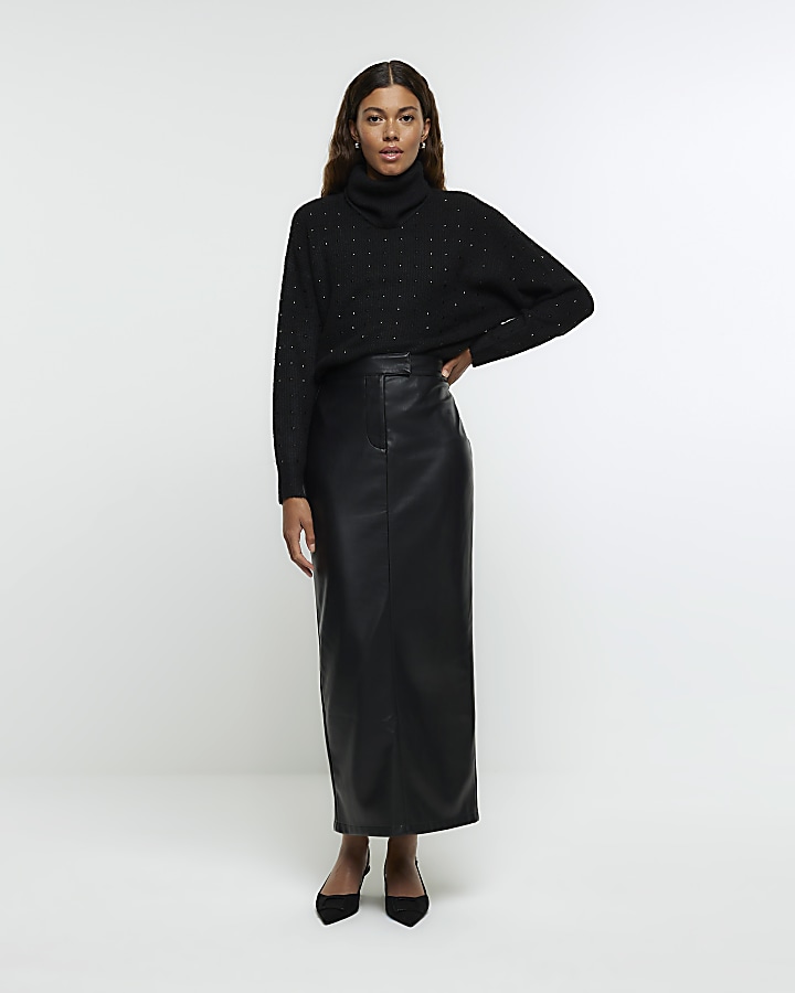 Black faux leather tailored midi skirt