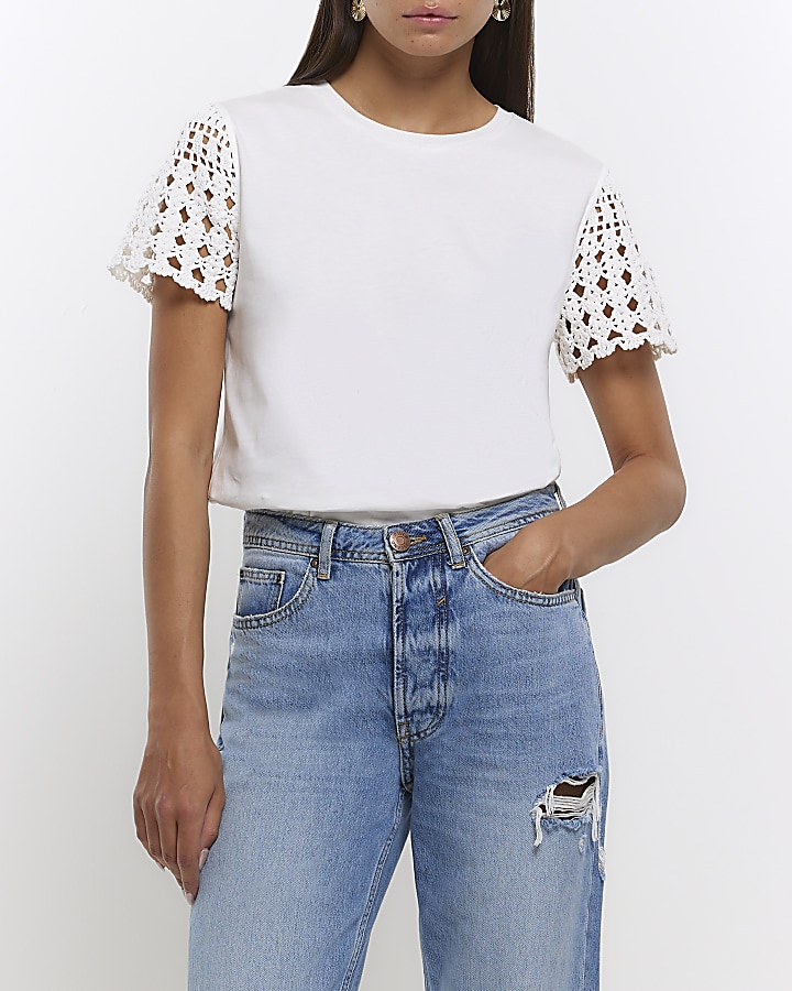 White crochet sleeve t-shirt