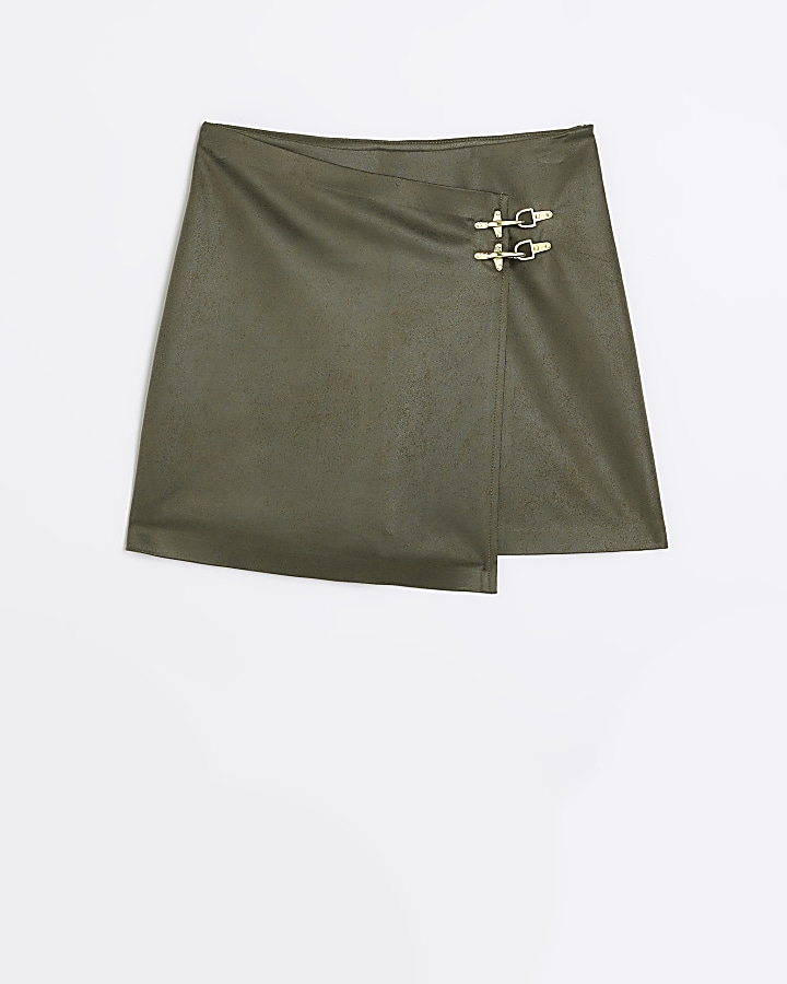 Petite khaki faux leather buckle mini skirt