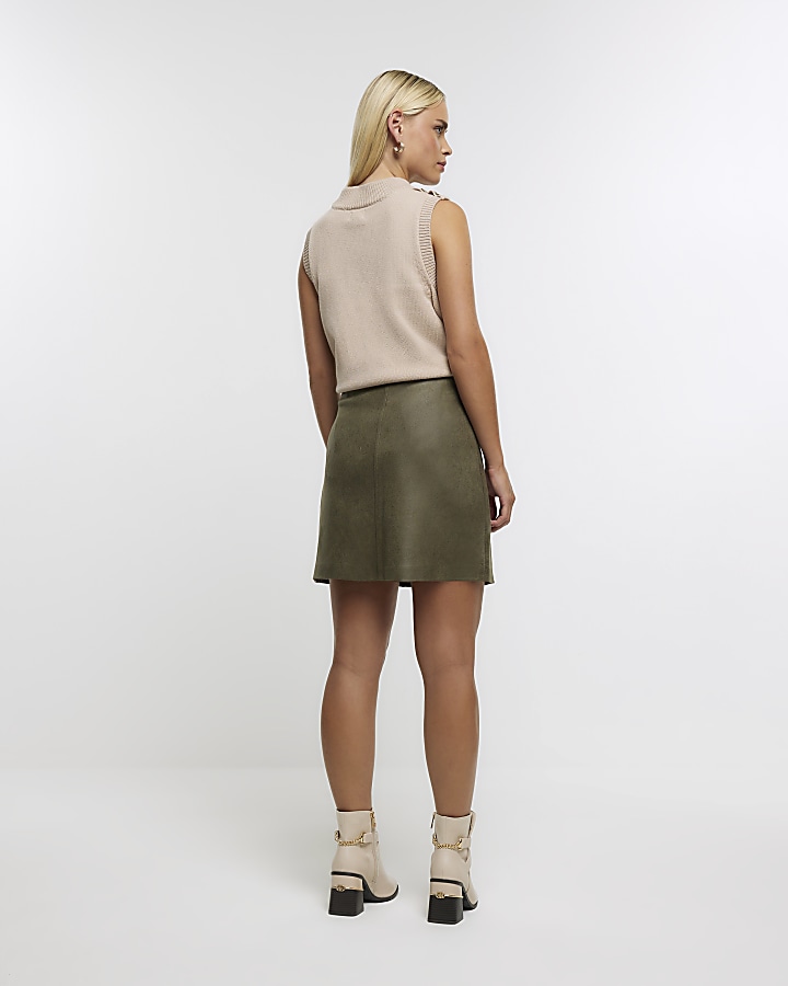 Petite khaki faux leather buckle mini skirt