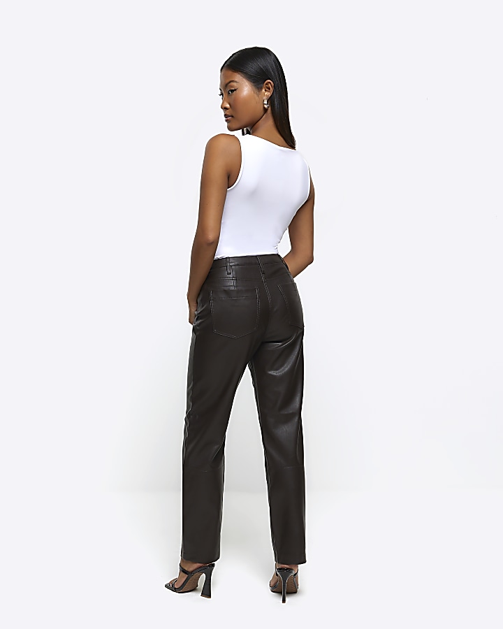 Petite brown faux leather straight trousers