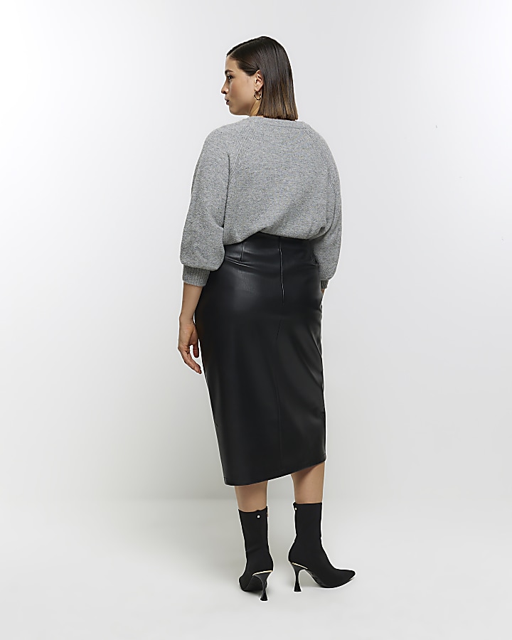 Plus black faux leather wrap midi skirt