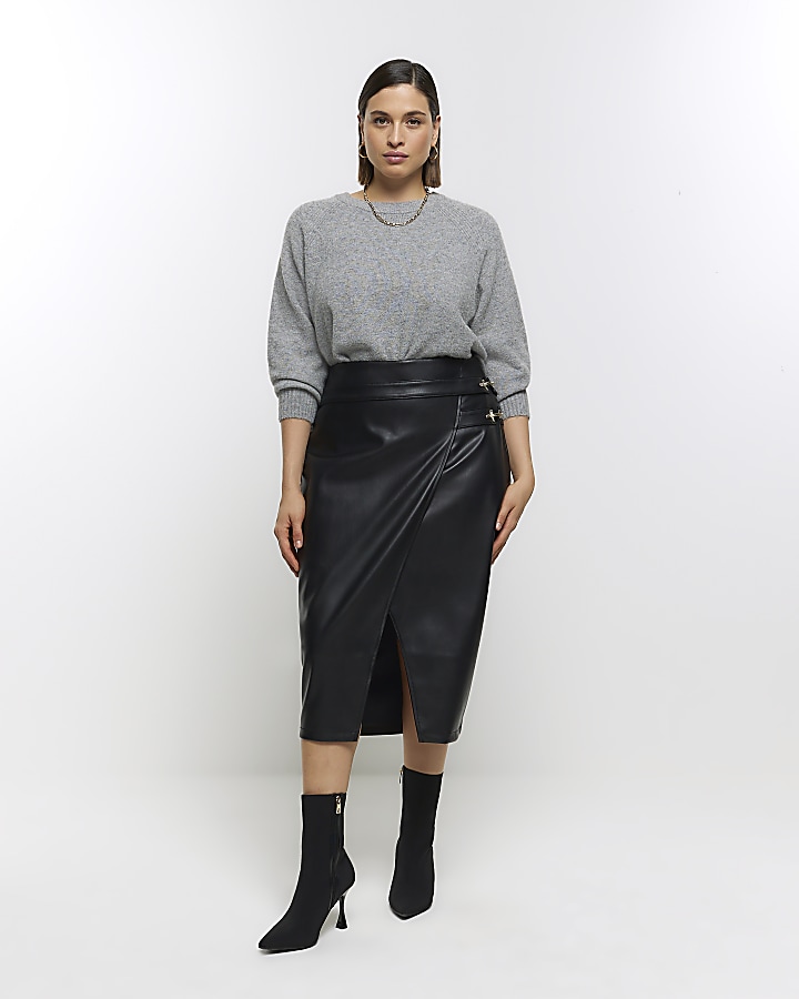 Plus black faux leather wrap midi skirt