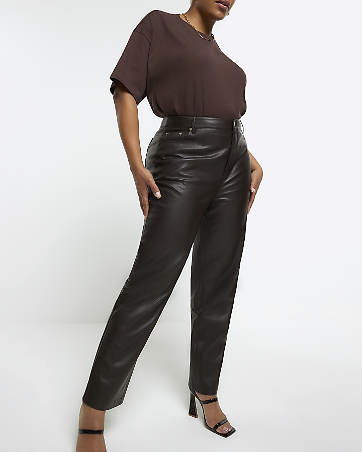 Plus brown faux leather straight trousers