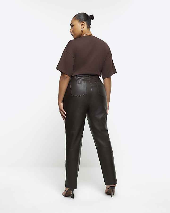 Plus brown faux leather straight trousers
