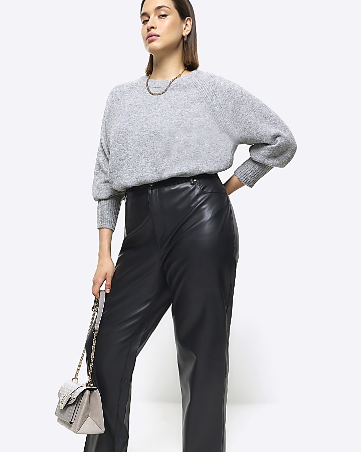 Plus black faux leather straight trousers