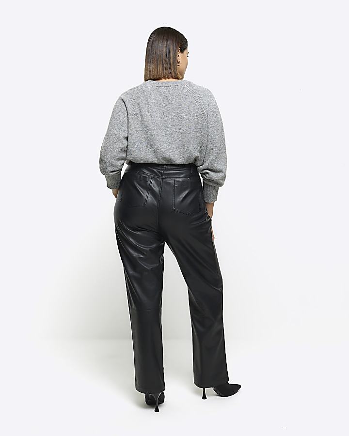 Plus black faux leather straight trousers | River Island