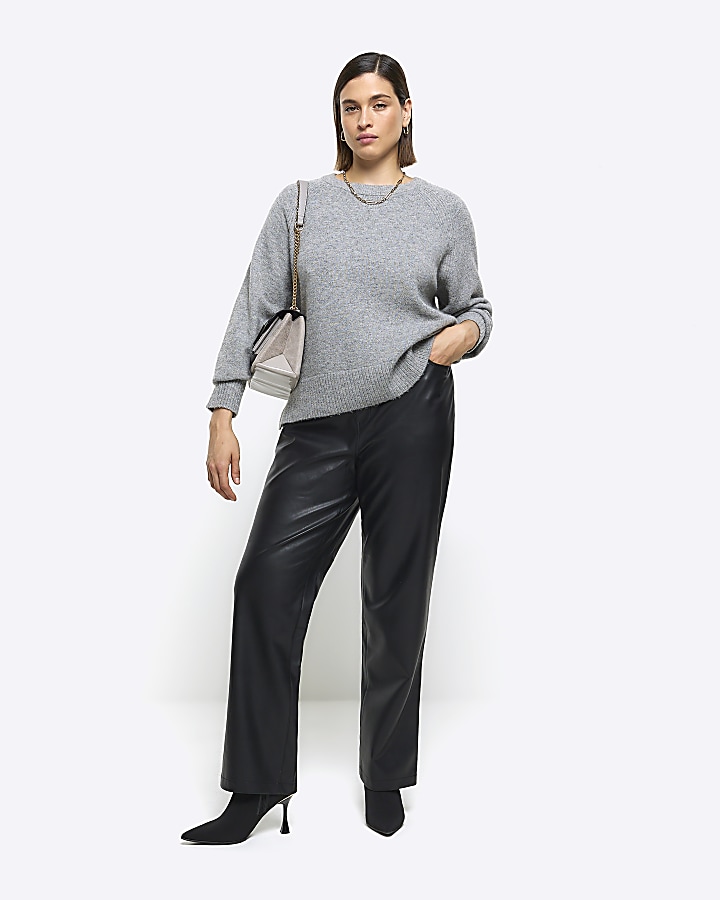 Plus black faux leather straight trousers