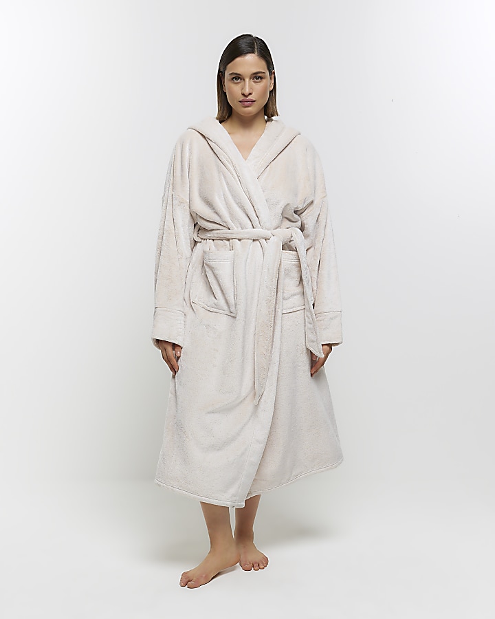 Plus Beige fluffy hooded dressing gown | River Island