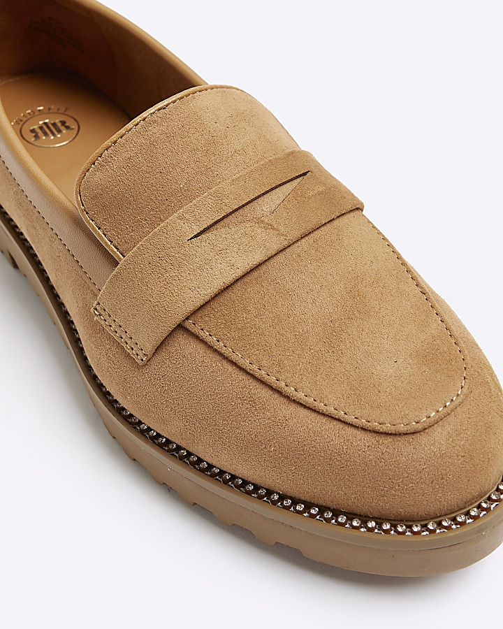 Beige wide fit diamante loafers