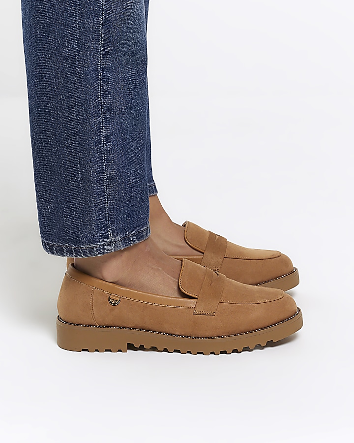 Beige wide fit diamante loafers River Island