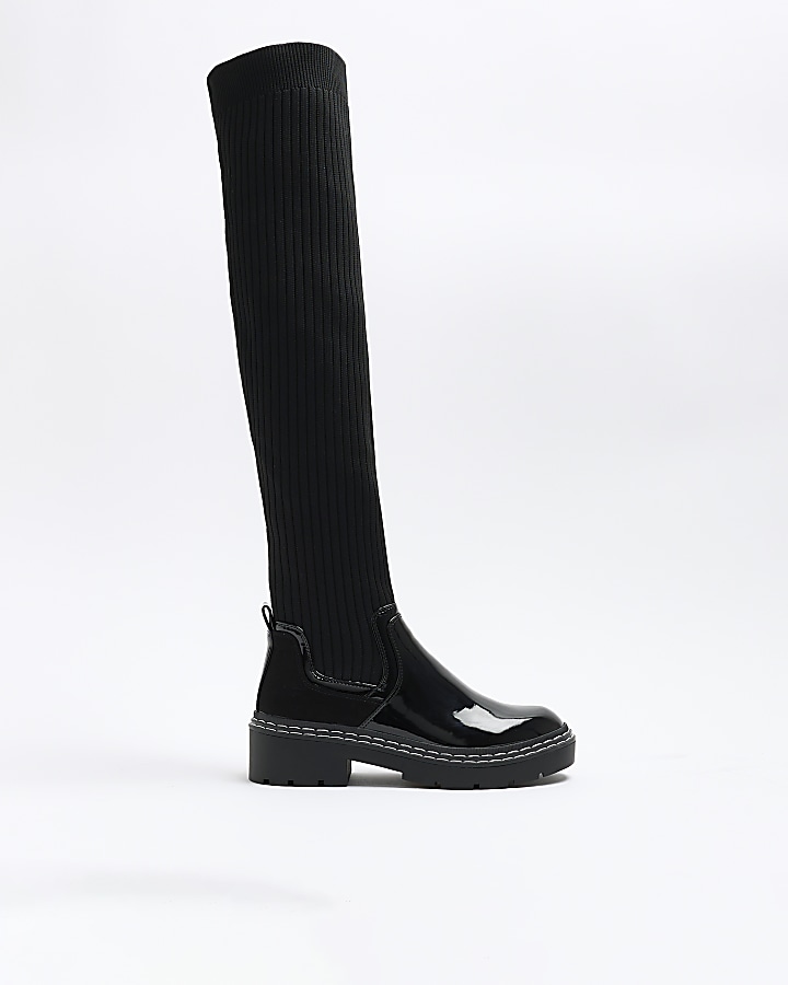 Black wide fit knitted high leg boots