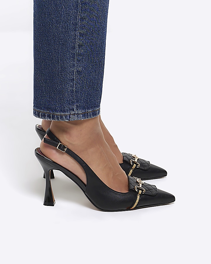 Black wide fit chain heeled court shoes