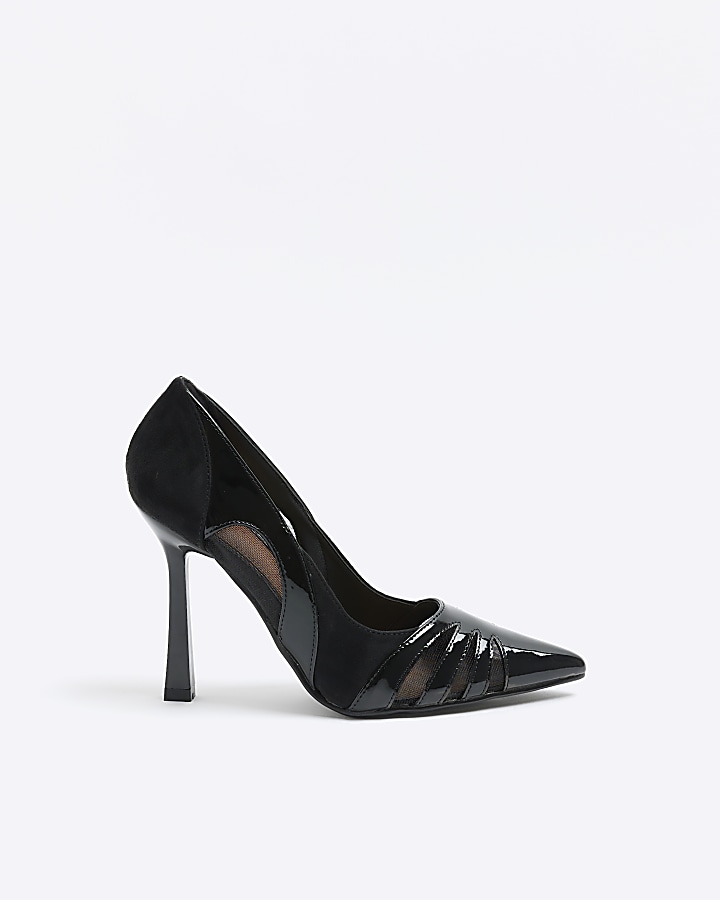 Black wide fit mesh pointed court shoes River Island