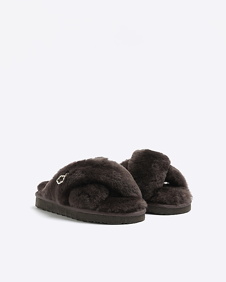Brown sheepskin crossed slippers