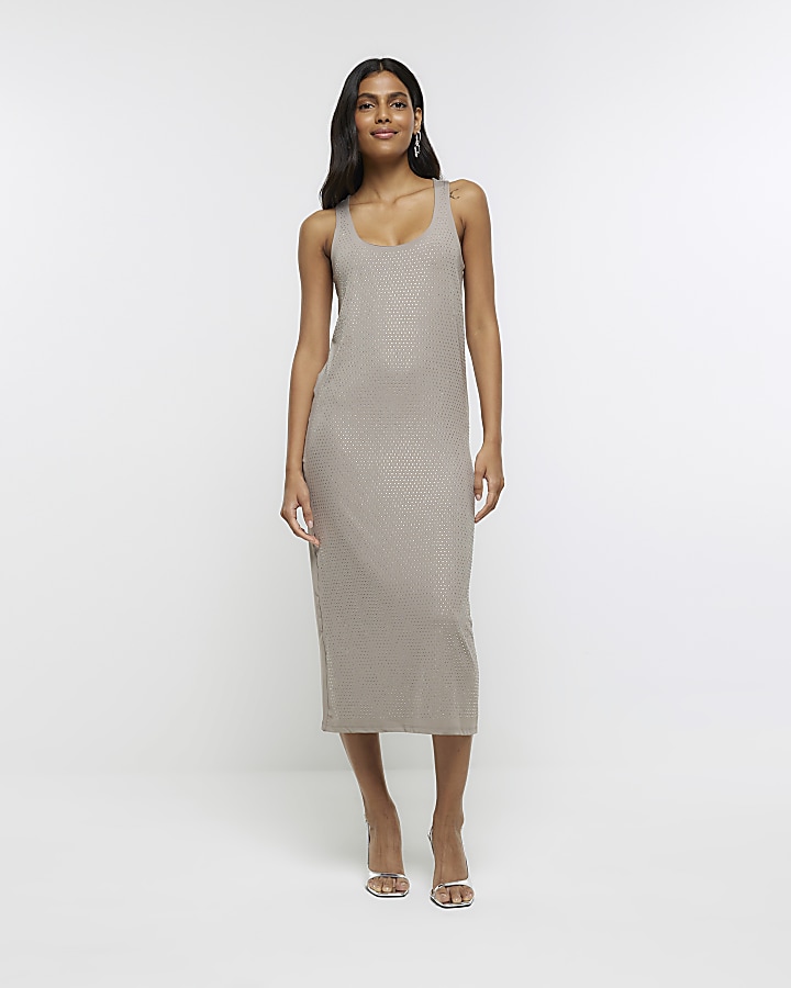 Khaki diamante sleeveless bodycon midi dress