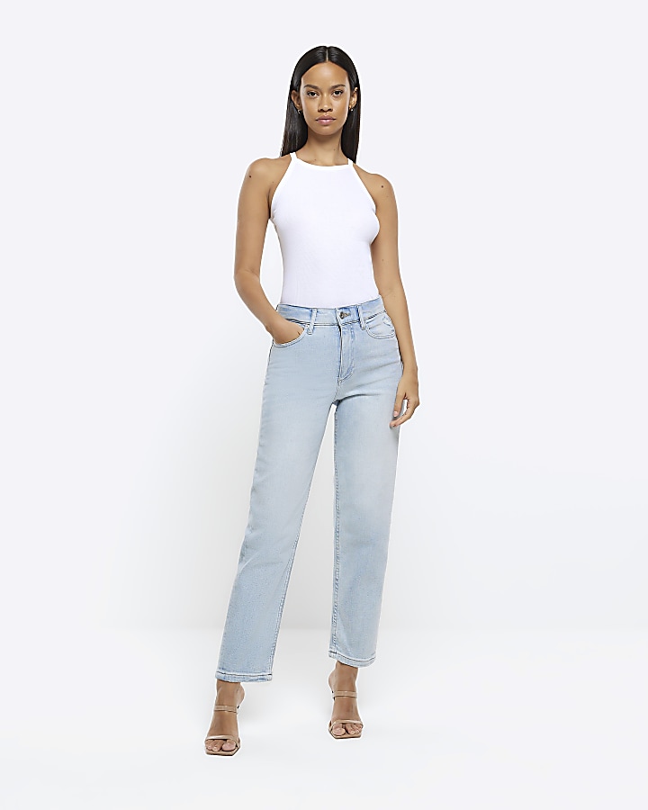 Blue mid rise straight jeans | River Island