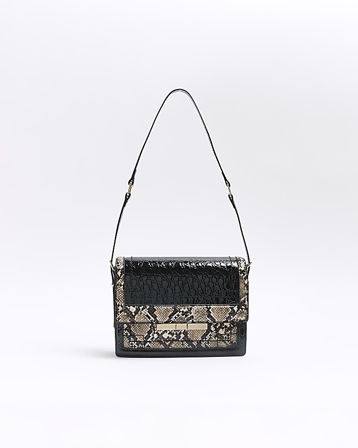 Black croc embossed animal print shoulder bag | River Island