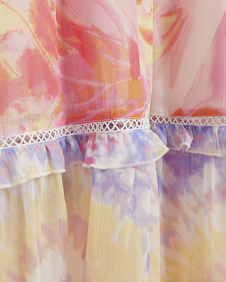 Pink chiffon abstract print beach maxi dress