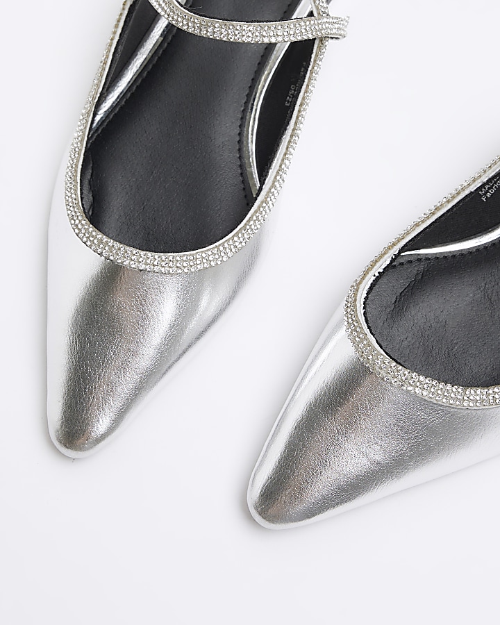 Silver metallic diamante sling back shoes