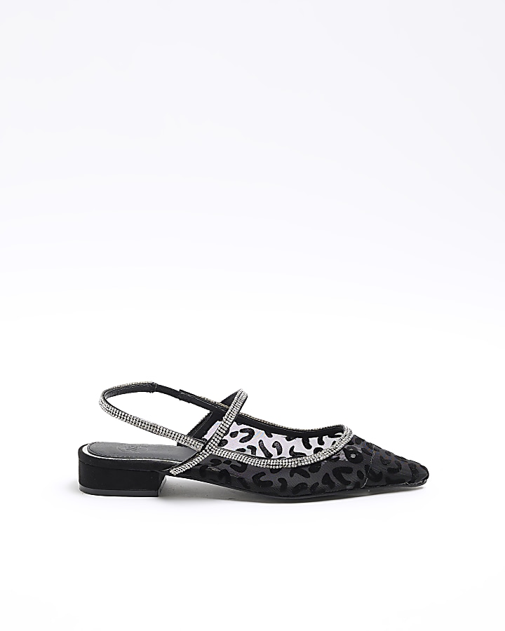 Black jacquard diamante sling back shoes | River Island