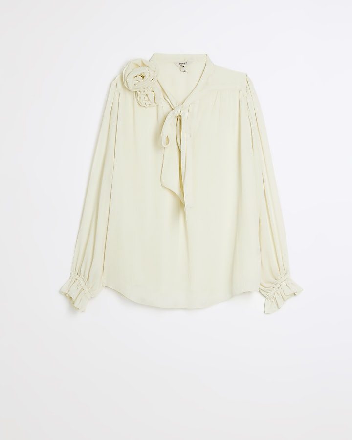 Plus cream corsage long sleeve blouse