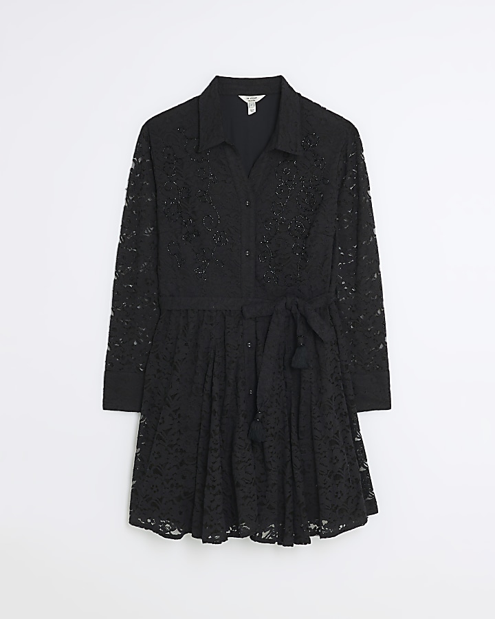 Plus black lace beaded mini shirt dress | River Island