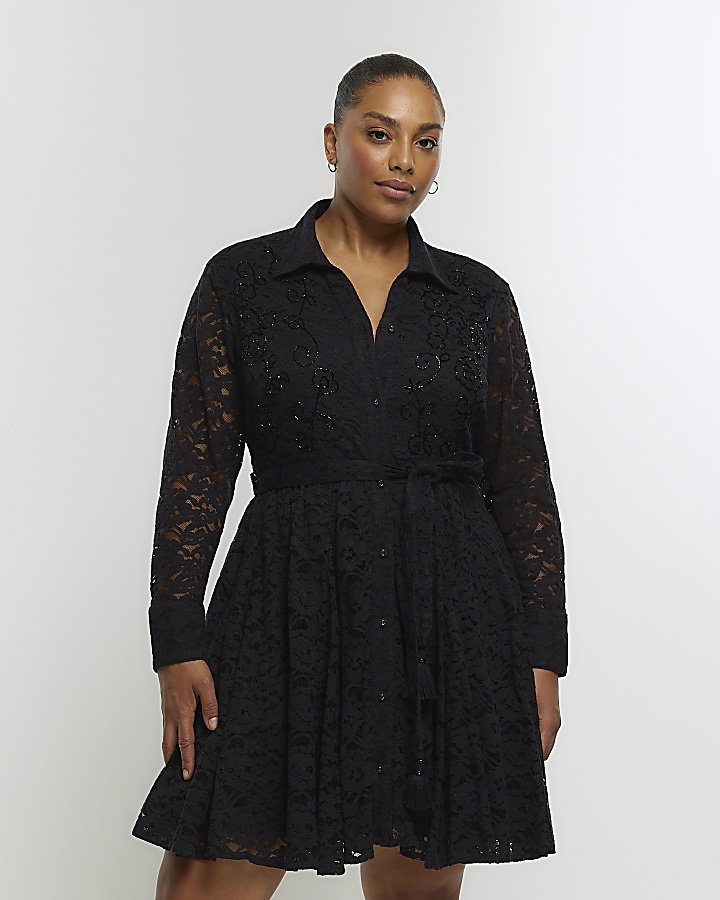 Plus black lace beaded mini shirt dress