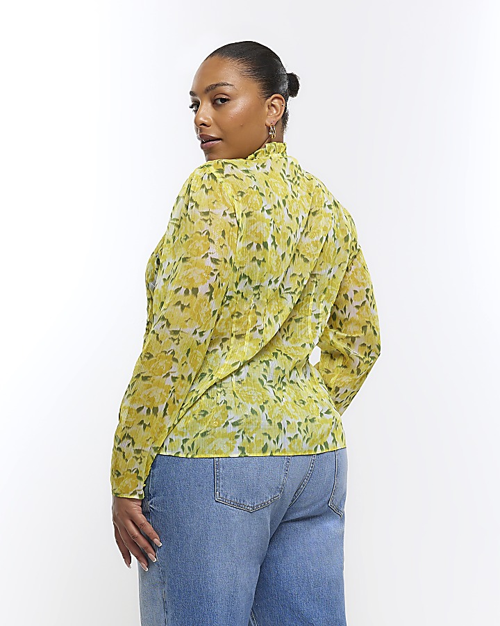 Plus yellow floral long sleeve ruffle blouse