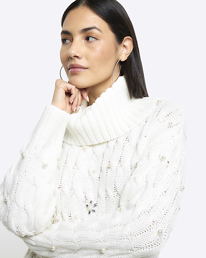 Cream cable knit pearl jumper mini dress River Island