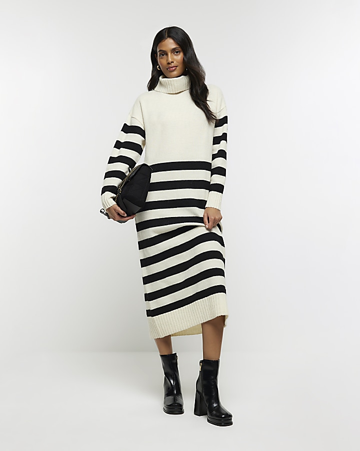 Cream stripe rolled neck jumper midi dress
