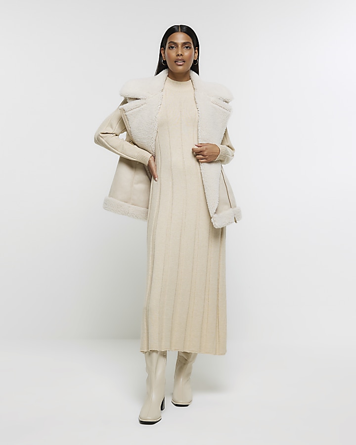 Beige high neck jumper maxi dress