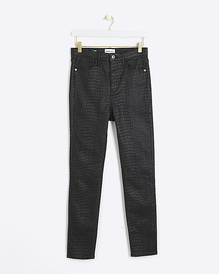 Black croc embossed coated jeans River Island