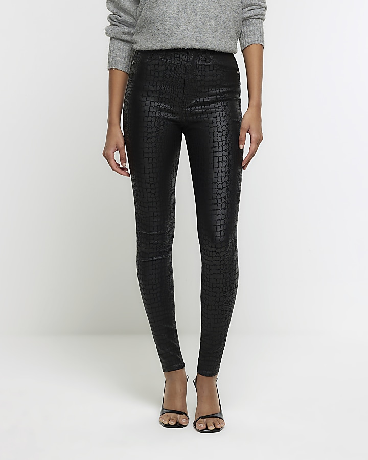 Black croc embossed coated jeans River Island
