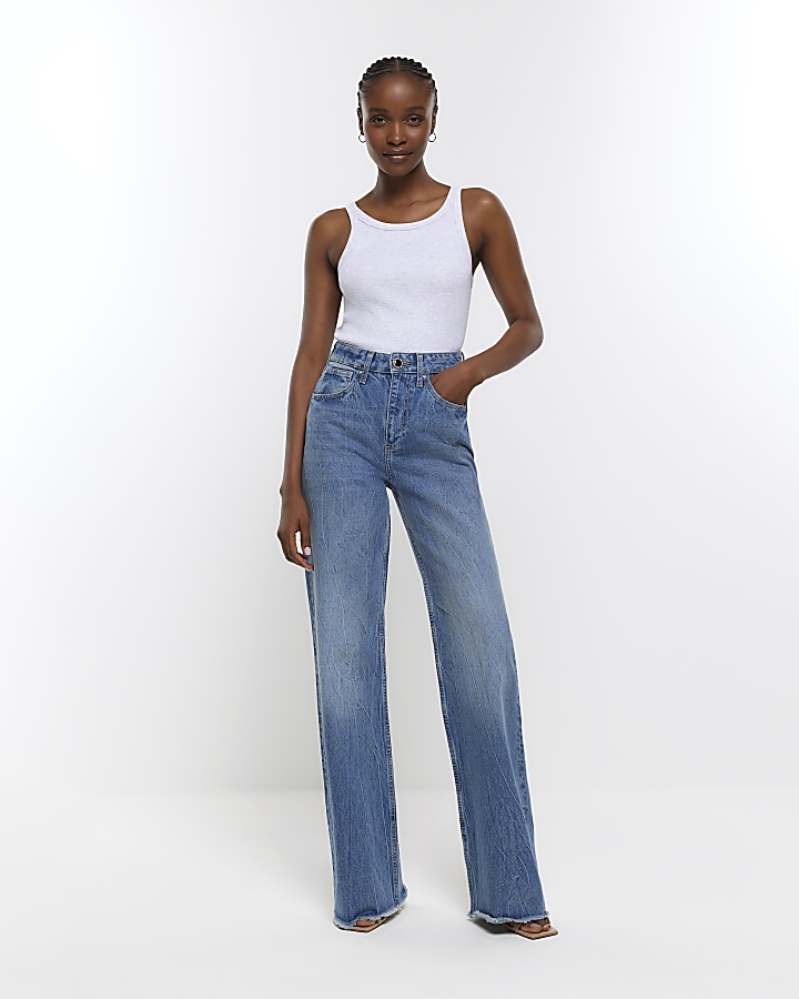 Blue high waist wide leg jeans | River Island
