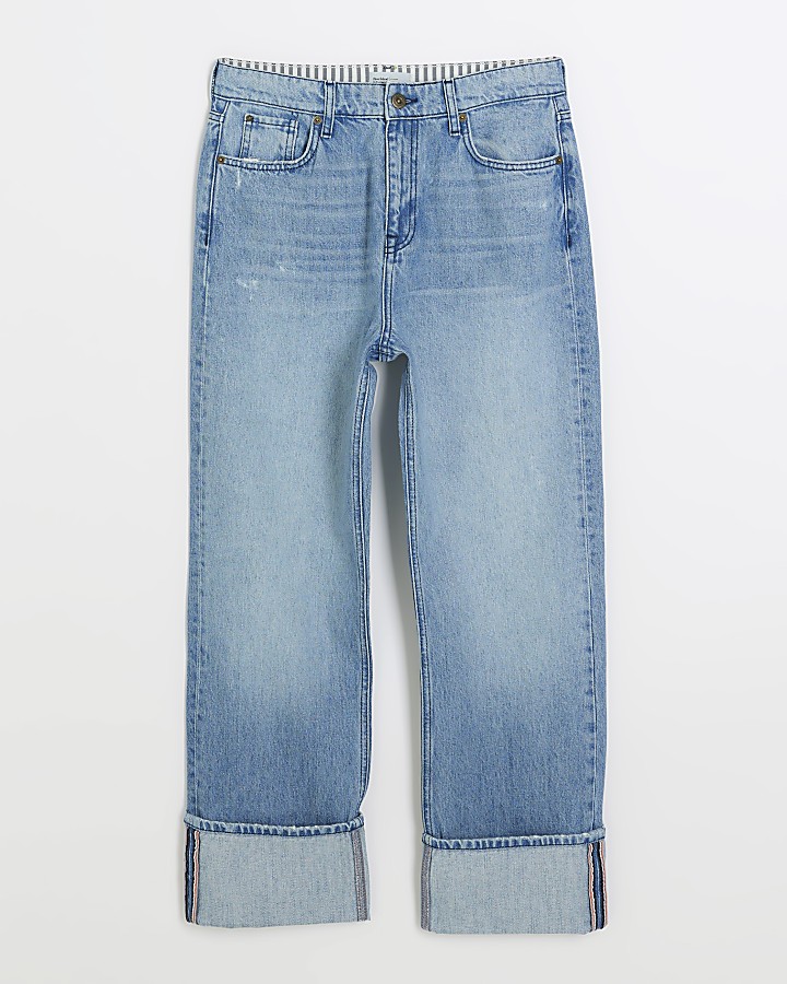 Blue high waisted wide leg turn up jeans