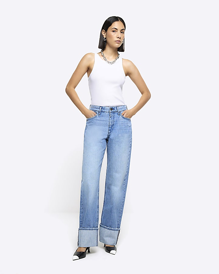 Blue high waisted wide leg turn up jeans