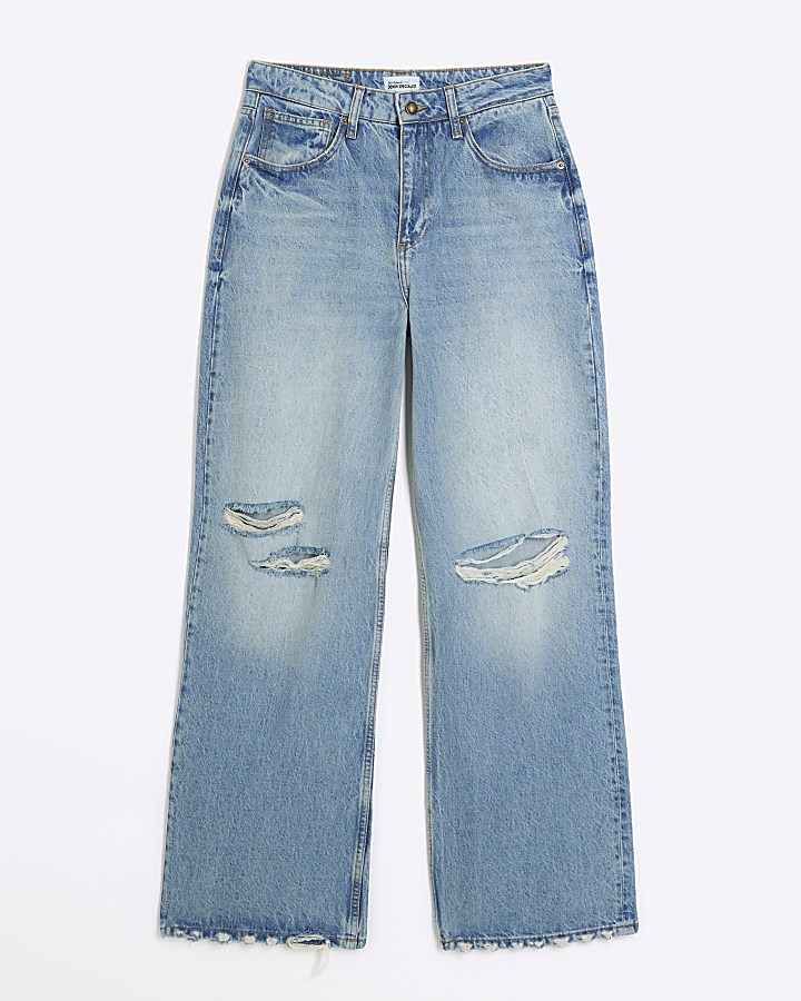 Blue wide leg ripped jeans